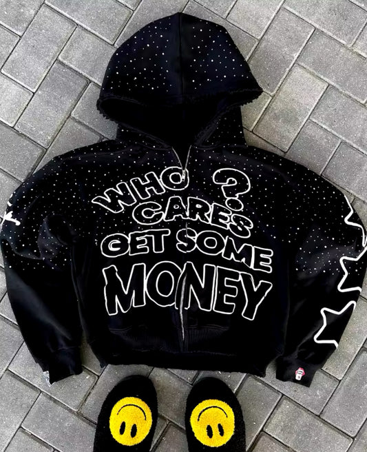 "Who Cares? Get Some Money" Black Hoodie with Rhinestone Accents