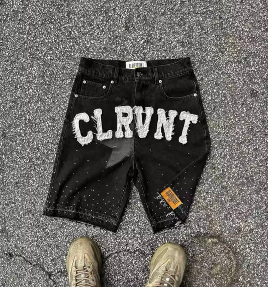 Black Denim Shorts with Distressed Lettering